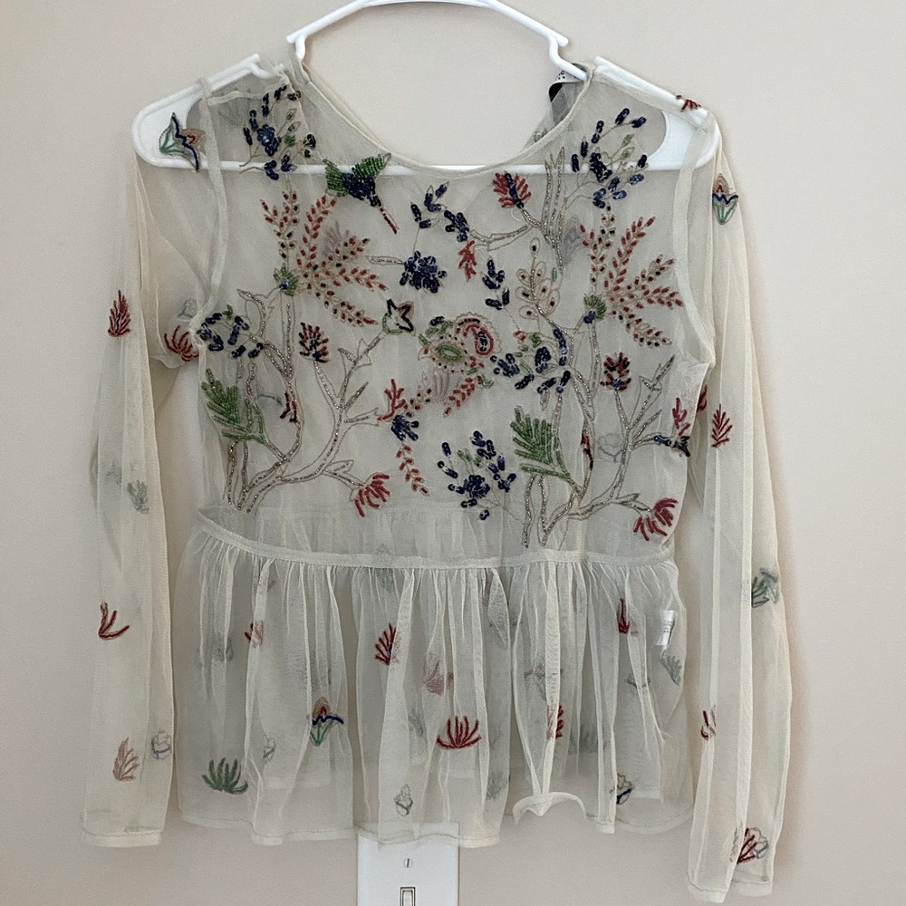 Zara | cream mesh embroidered beaded top